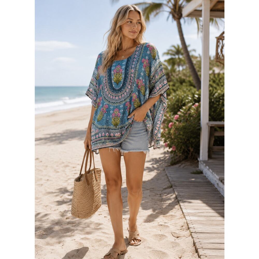 Tolani Collection Blue Floral Swimsuit Coverup Womens M Boho Tunic Pullover